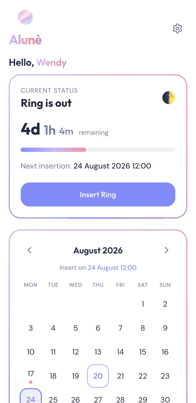 Alunè app interface showing birth control ring tracking calendar