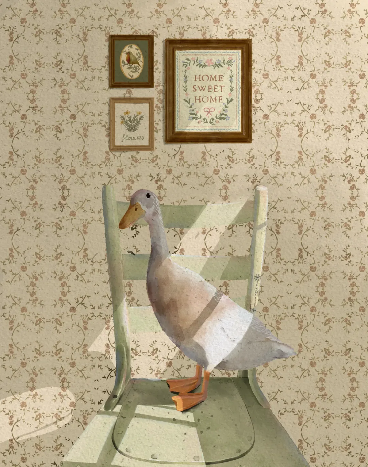 Watercolour illustration of a duck standing on a green chair in a floral wallpapered room