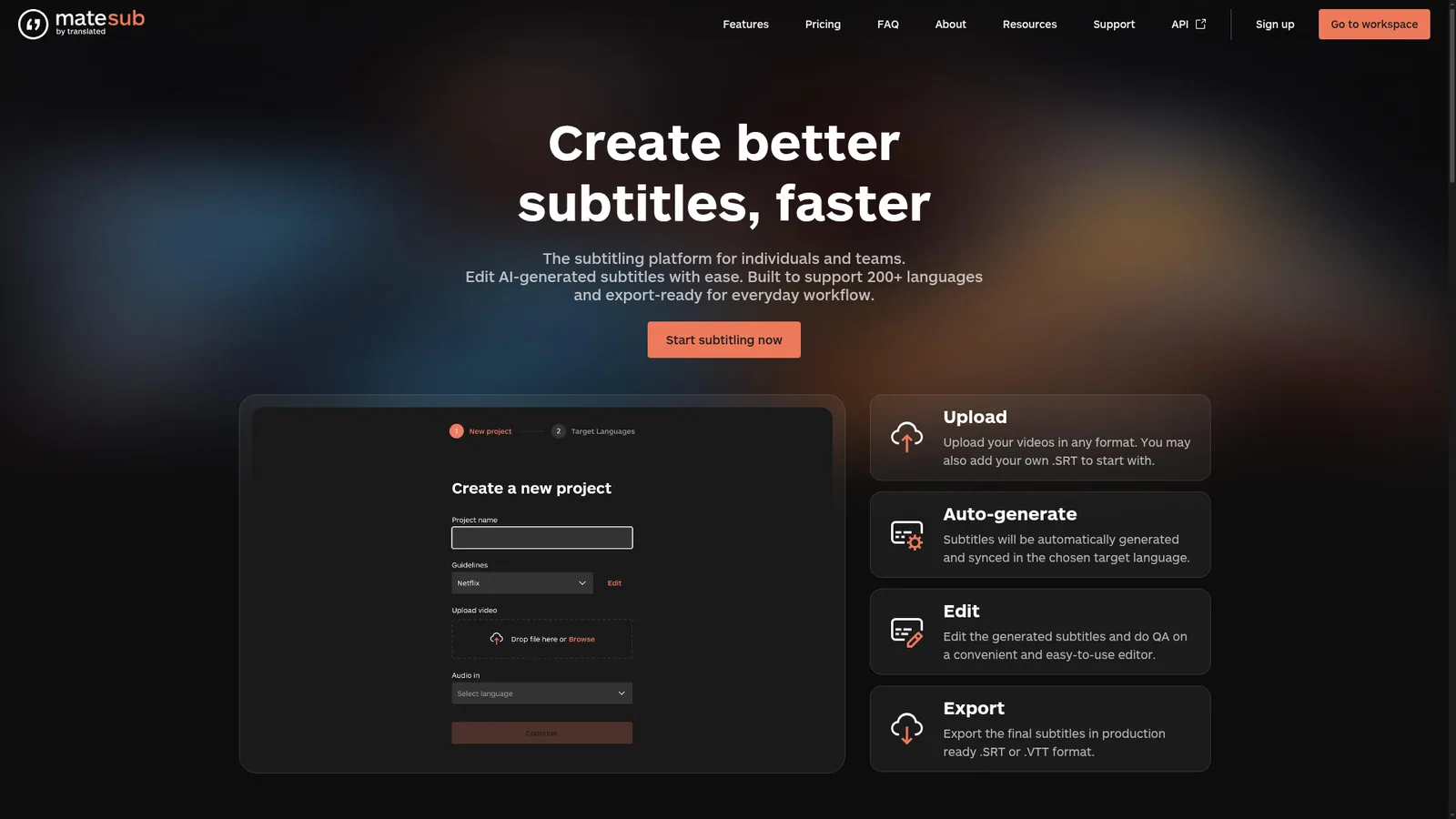 Matesub landing page showing the AI subtitling workspace with project creation, auto generation and export