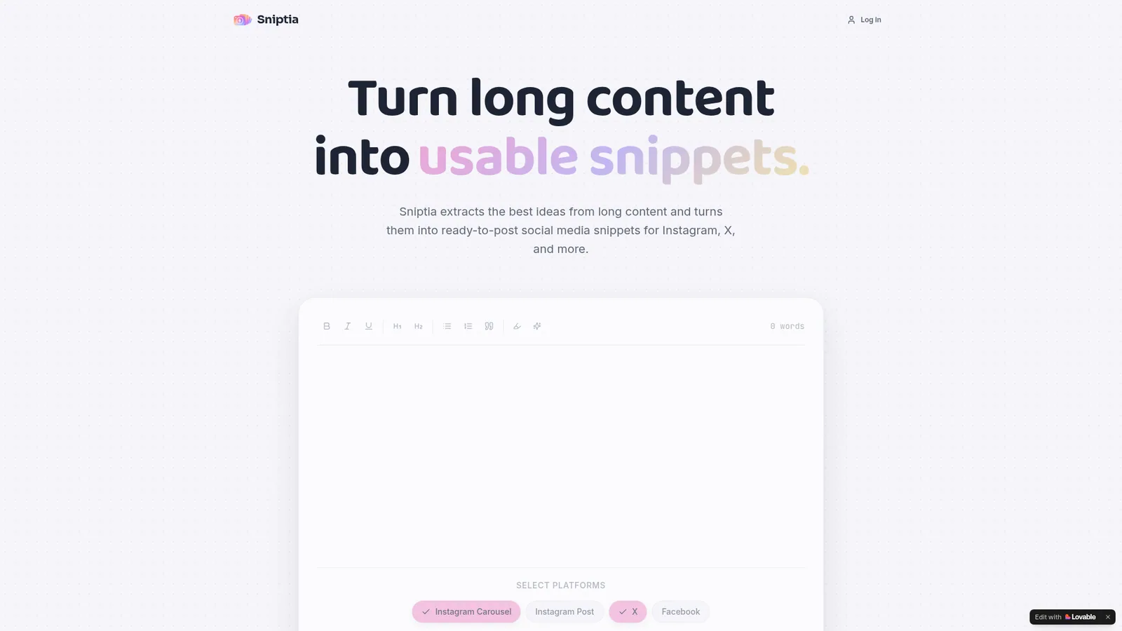 Sniptia interface turning long content into social media snippets