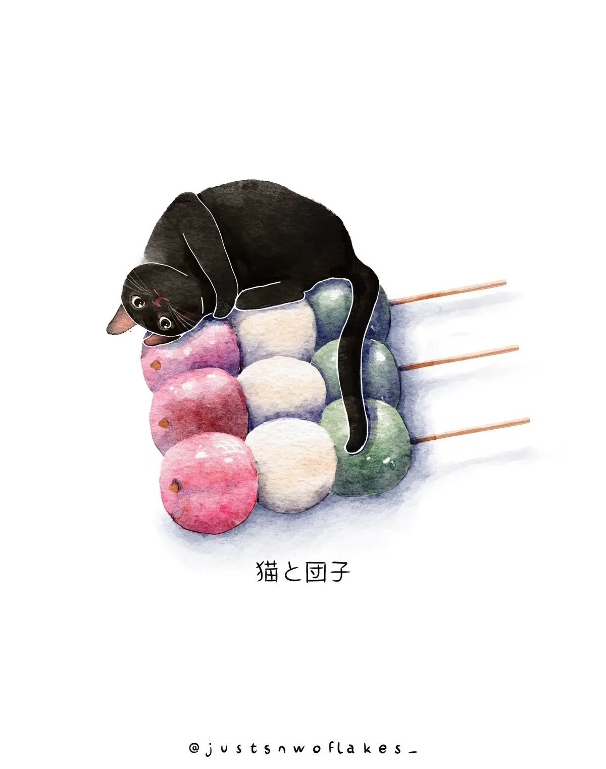 Watercolour illustration of a black cat curled up on a tray of pink, white and green dango dumplings