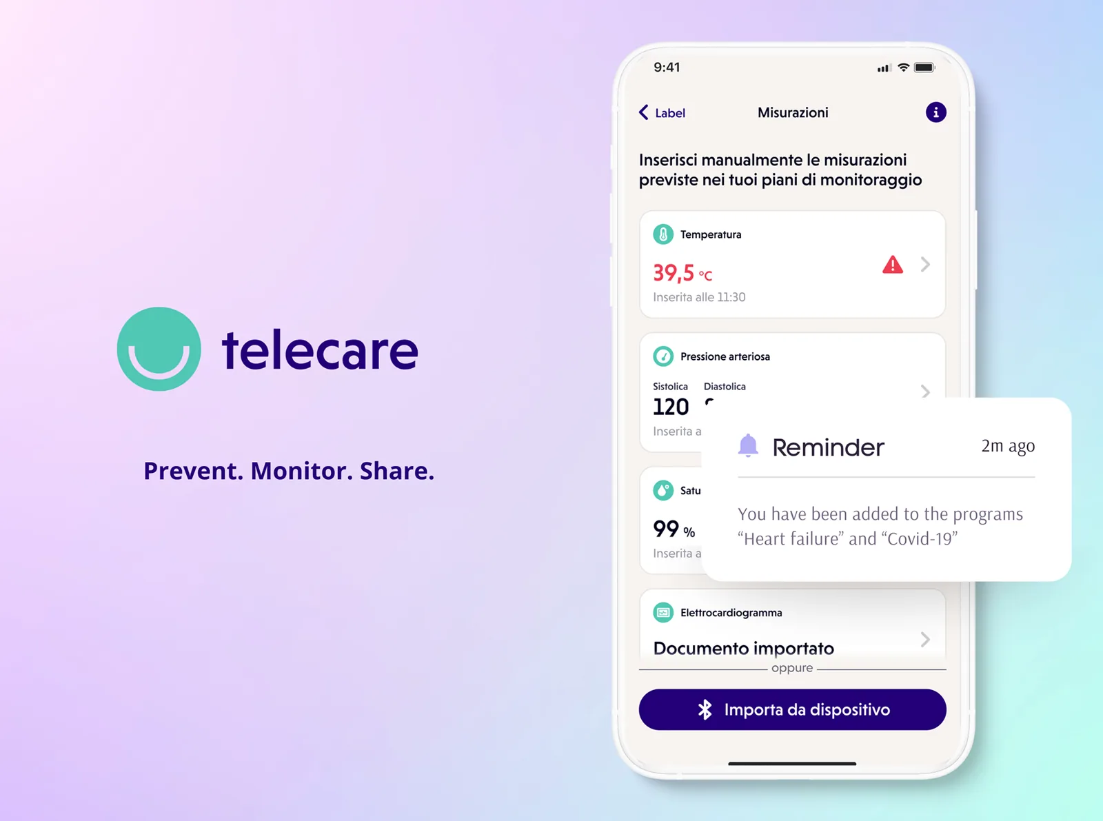 Telecare app monitoring screen showing vital parameters such as temperature and blood pressure