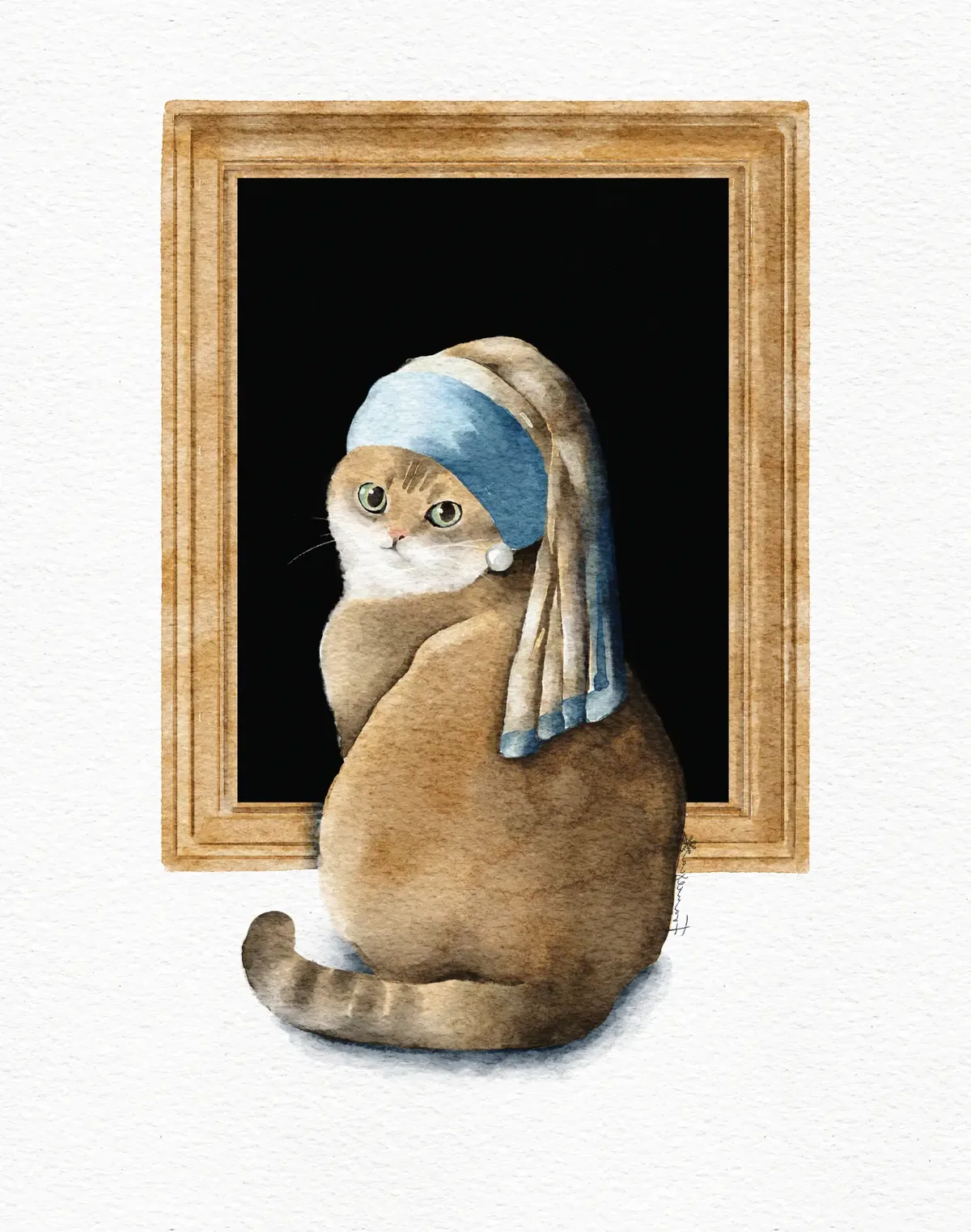 Watercolour illustration of a tabby cat posed as the Girl with a Pearl Earring in a gilded frame