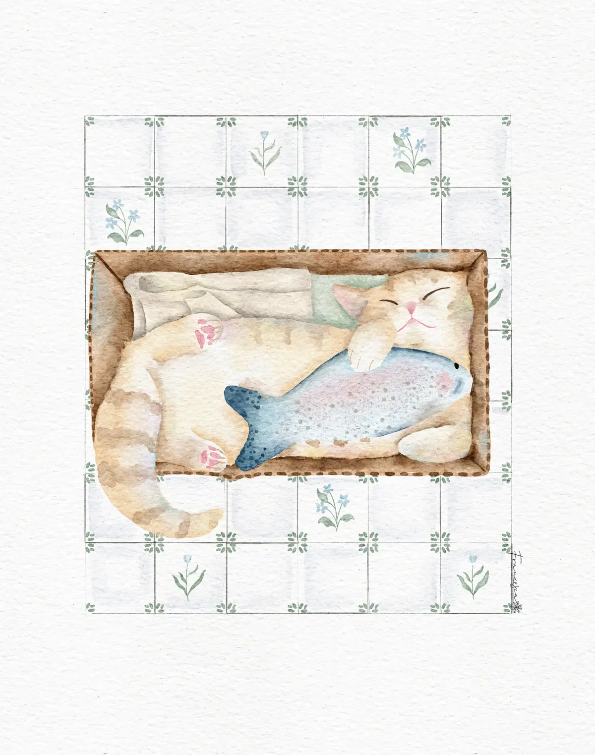 Watercolour illustration of a cream cat asleep in a box hugging a blue plush fish