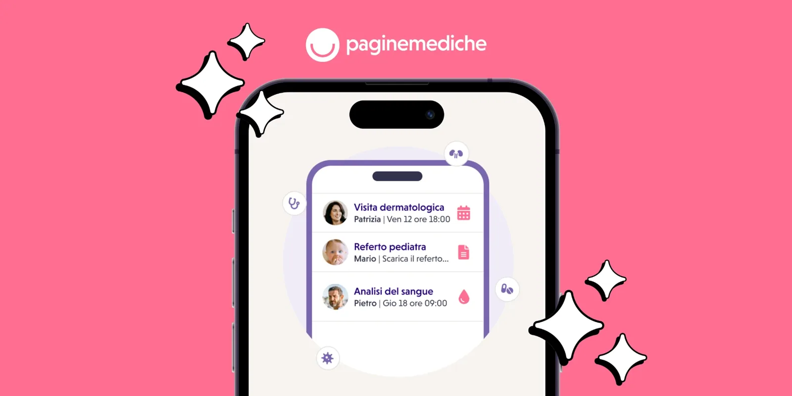 Paginemediche app redesign shown on a mobile screen against a pink backdrop
