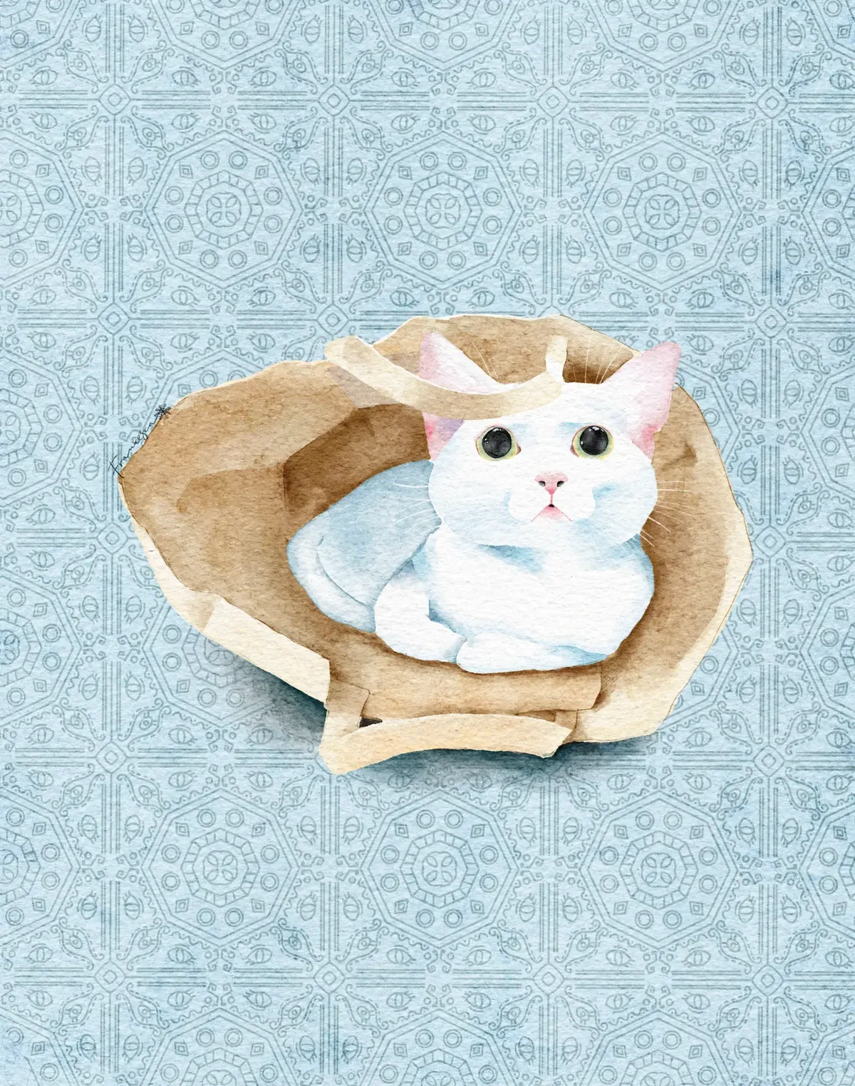 Watercolour illustration of a white cat sitting in a paper bag over a patterned blue tiled background