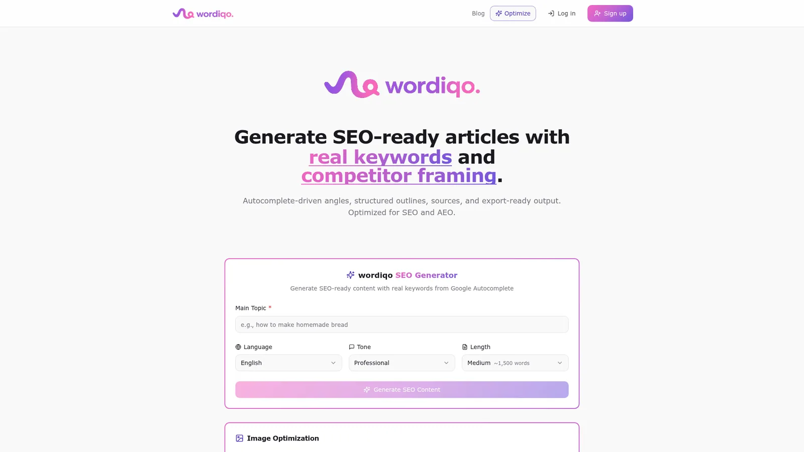 Wordiqo SEO content generator interface with keyword and image tools