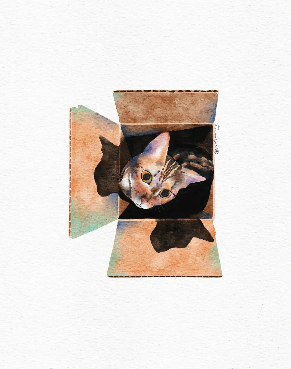 Watercolour illustration of a bengal cat looking up from inside an open cardboard box