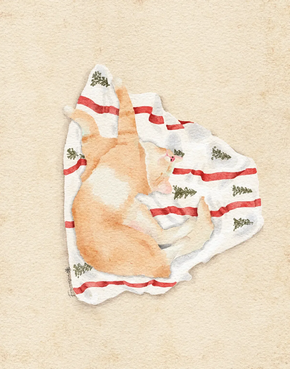 Watercolour illustration of a ginger cat sleeping inside a folded striped kitchen towel