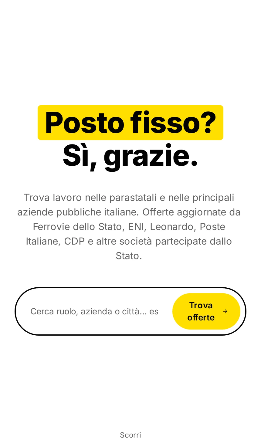 Statalia homepage with the headline Posto fisso? Si, grazie and a job search field
